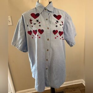 Radical Rags denim embroidered heart flag stars short sleeve top SZ XL